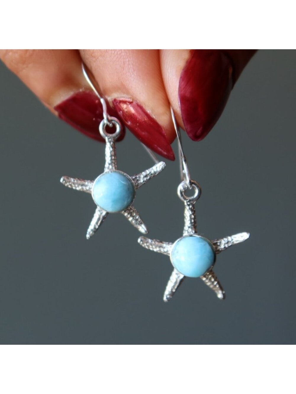 Larimar Earrings Blue Starfish Stone Sterling Silver Ocean Beach Dangle Jewelry